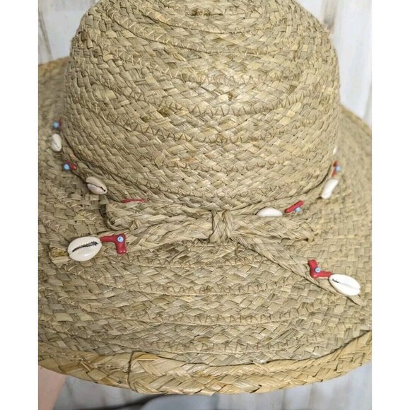 SCALA Womens Wide Brim Straw Sun Hat Beaded Shells One Size Boho Beach - Picture 2 of 10